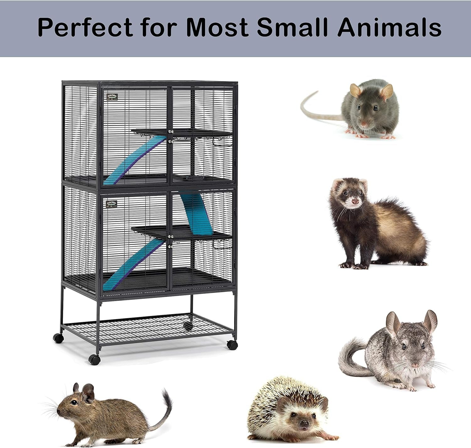Critter Nation Double Unit Small Animal Cage, 4 Tiers, Includes Pan, Shelf, Ramp & Cover, for Rats, Ferrets, Chinchillas, Sugar Gliders