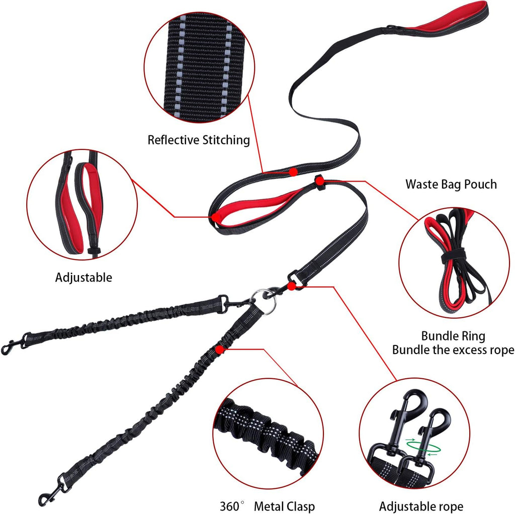 Double Dog Leash, 360° Swivel No Tangle Dog Walking Leash for 2 Dogs up to 200Lbs, Comfortable Adjustable Dual Padded Handles