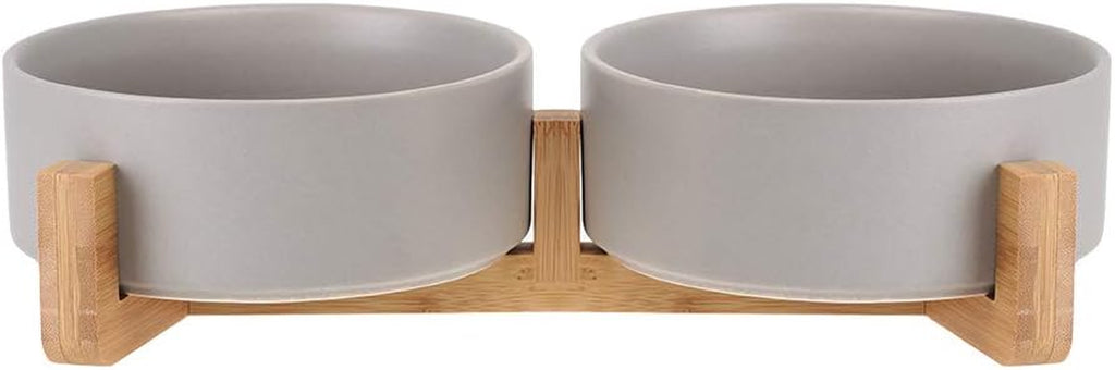 Grey Ceramic Cat Dog Bowl Dish with Wood Stand No Spill Pet Food Water Feeder Cats Small Dogs Set of 2
