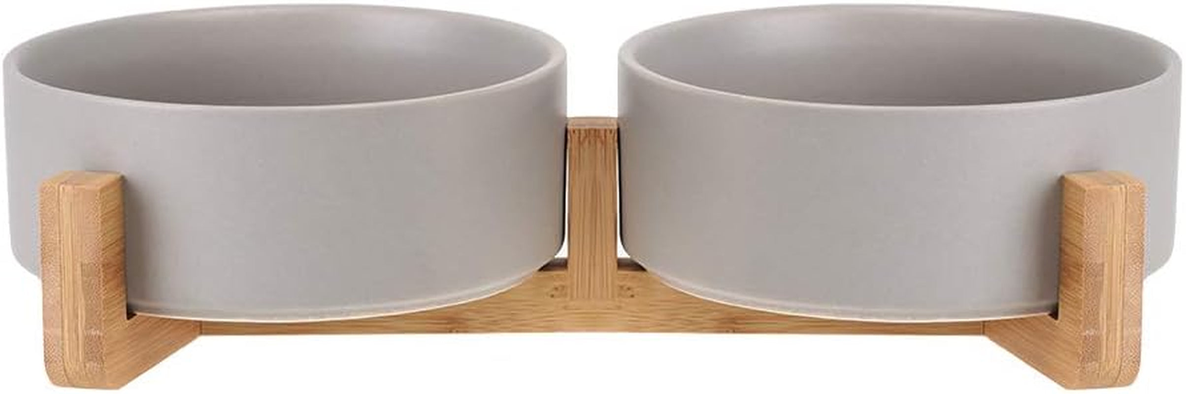 Grey Ceramic Cat Dog Bowl Dish with Wood Stand No Spill Pet Food Water Feeder Cats Small Dogs Set of 2