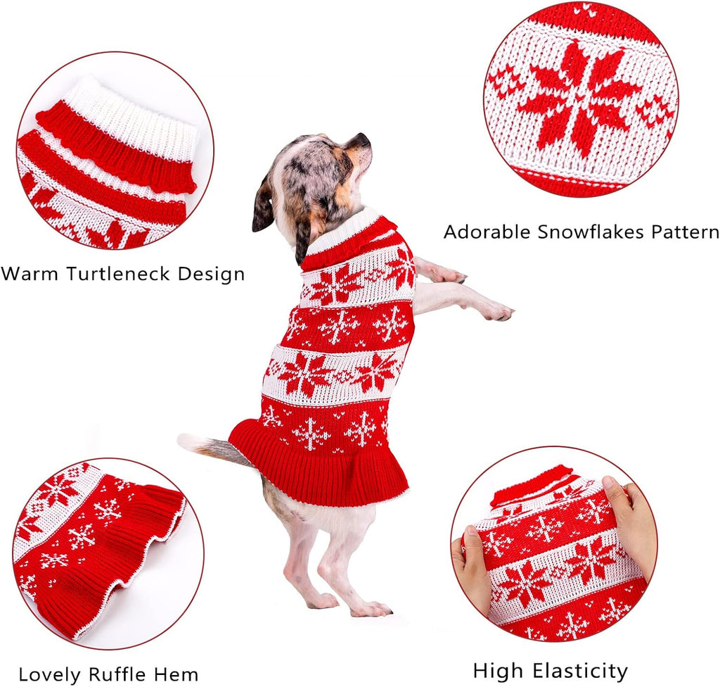 2 Pack Dog Christmas Dress Warm Dog Xmas Sweater Pet Christmas Clothes Stripes Dog Knit Sweater Dress Dog Winter Warm Pullover with Snowflakes and Christmas Flowers (M)