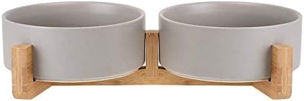 Grey Ceramic Cat Dog Bowl Dish with Wood Stand No Spill Pet Food Water Feeder Cats Small Dogs Set of 2