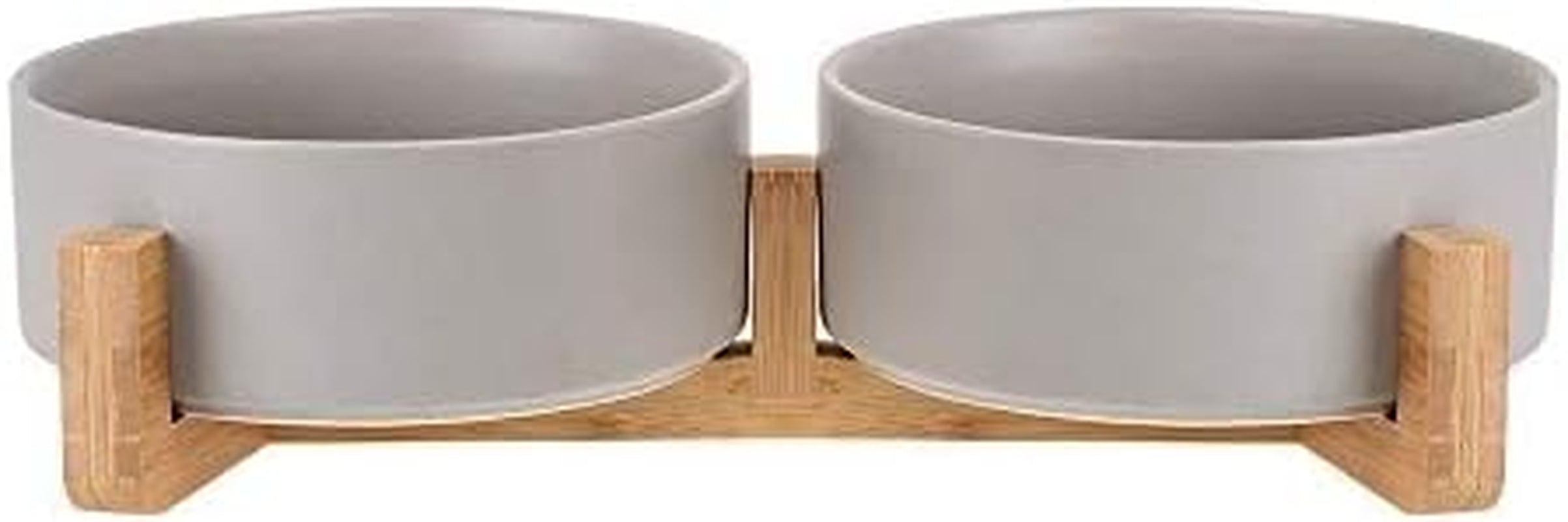 Grey Ceramic Cat Dog Bowl Dish with Wood Stand No Spill Pet Food Water Feeder Cats Small Dogs Set of 2