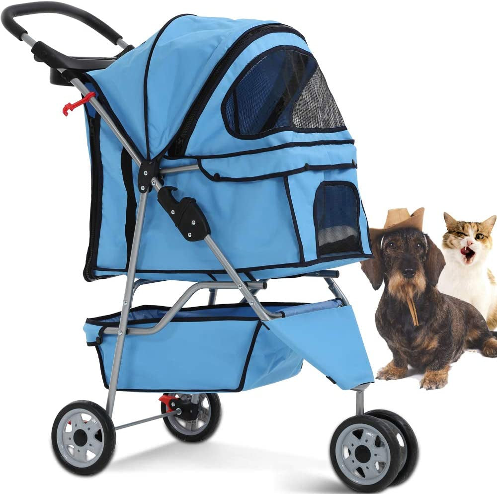 Pet Stroller Joggers Cat Dog Cage 3 Wheel Travel Folding Carriage Strollers with Cup Holder and Removable Pad