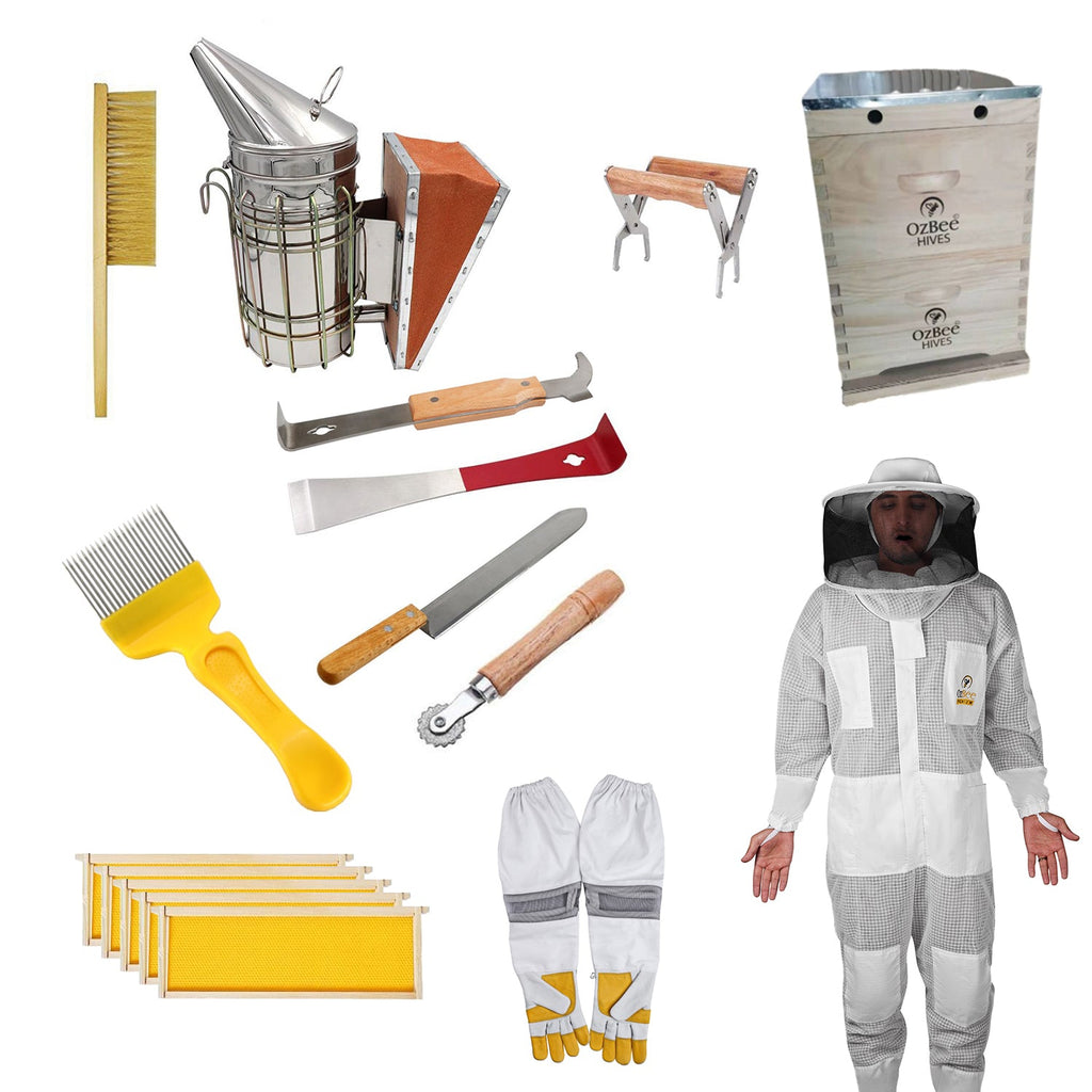 Beekeeping Starter Kit With Premium Beehive, Beekeeping Tools, OZ Bee Premium 3 Layer Mesh Ventilated Round Head Suit Protective Gear-0